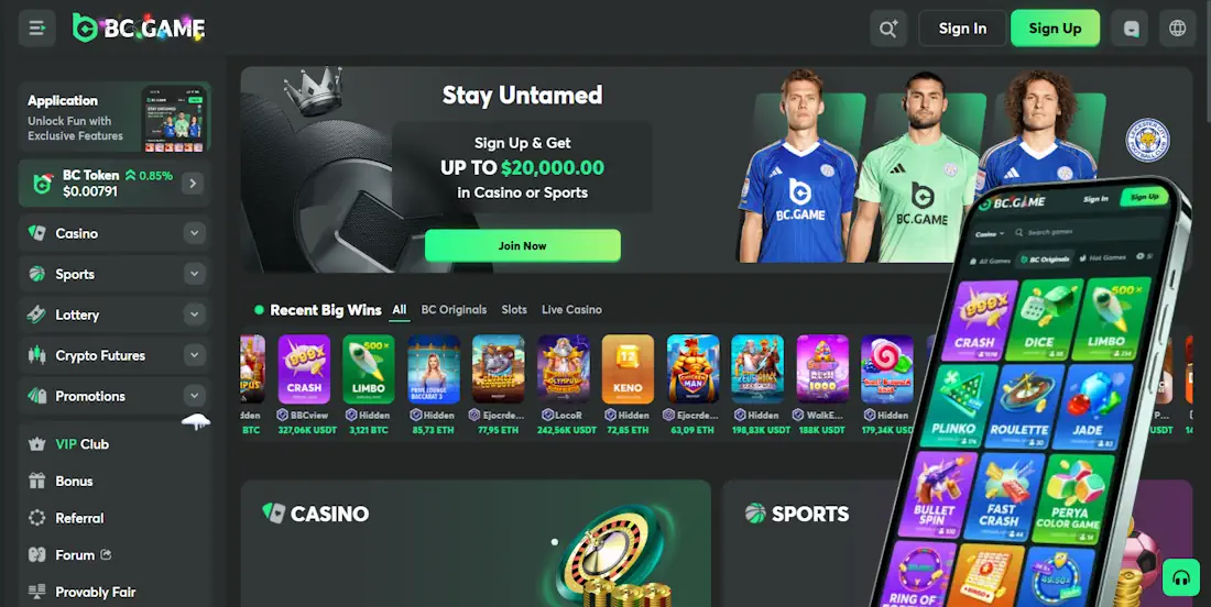 BC.Game Sportsbook and Casino Desktop and Mobile view Screenshot